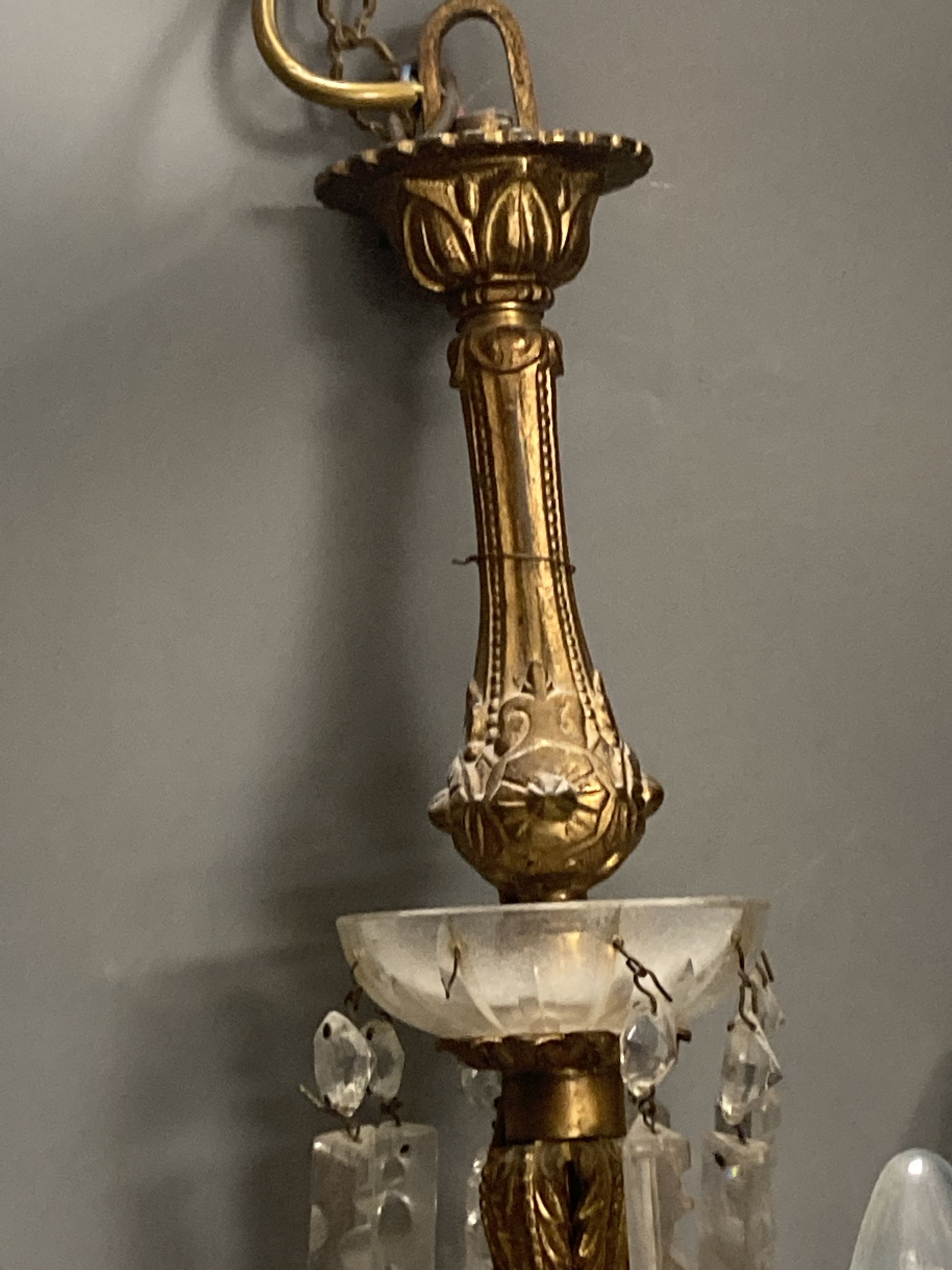 A three branch gilt and lustre drop electrolier